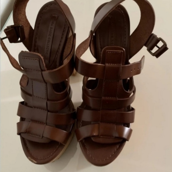 Zara Brown leather Heels Sandals wedges wood - Picture 2 of 5